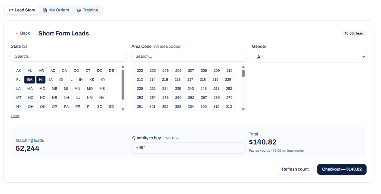 LeadPower lead store interface showing state and area code filters, live matching count, and transparent cost breakdown
